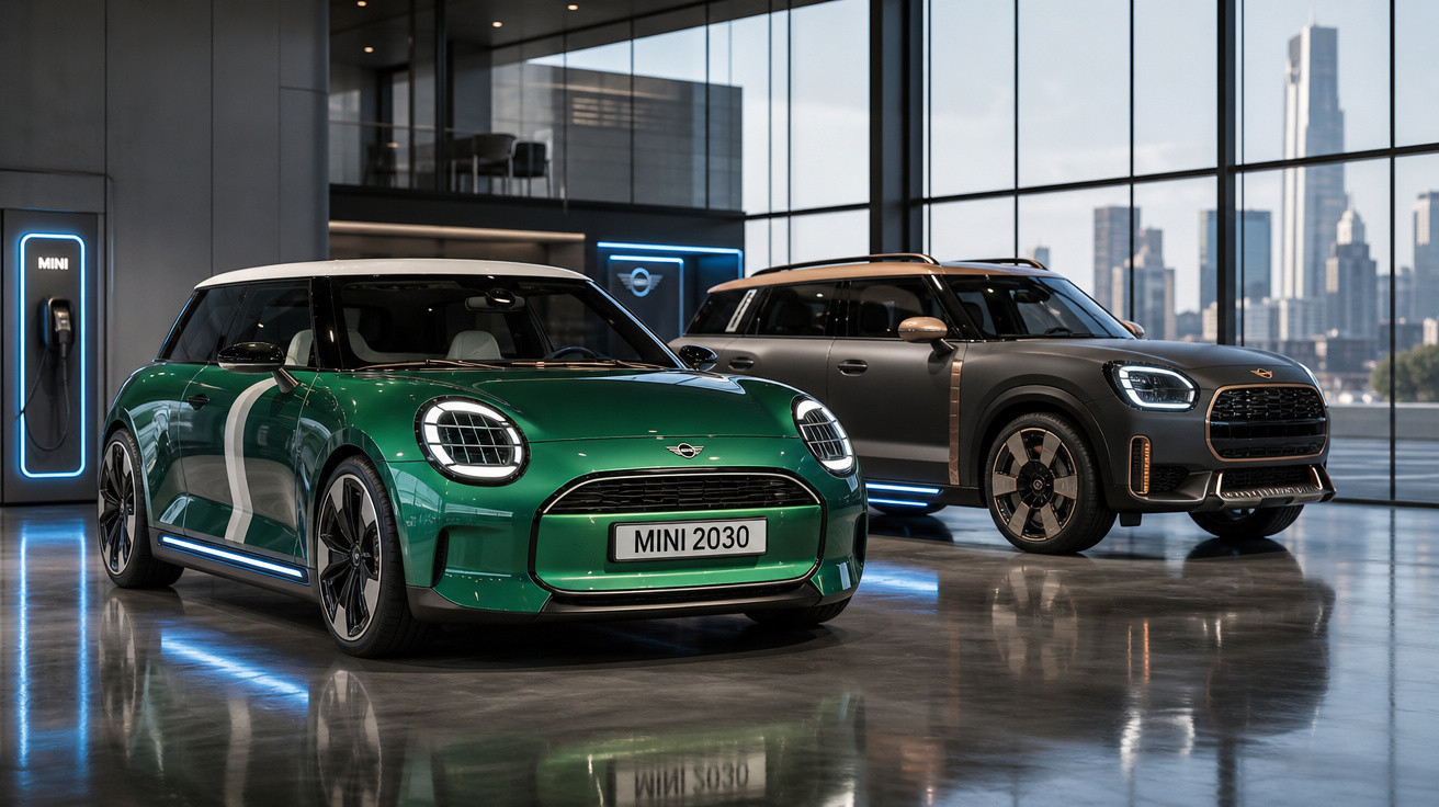 Dois carros elétricos Mini estacionados em showroom moderno com vista panorâmica da cidade ao fundo.