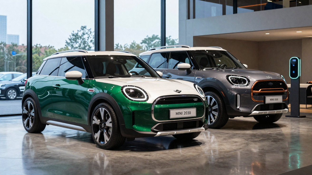 Dois carros Mini elétricos estacionados em showroom moderno com piso de concreto polido.
