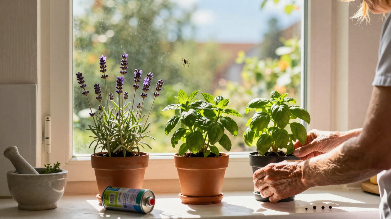 Mãos de pessoa cuidando de plantas em vasos na janela com lavanda, manjericão e um mosquito na janela.