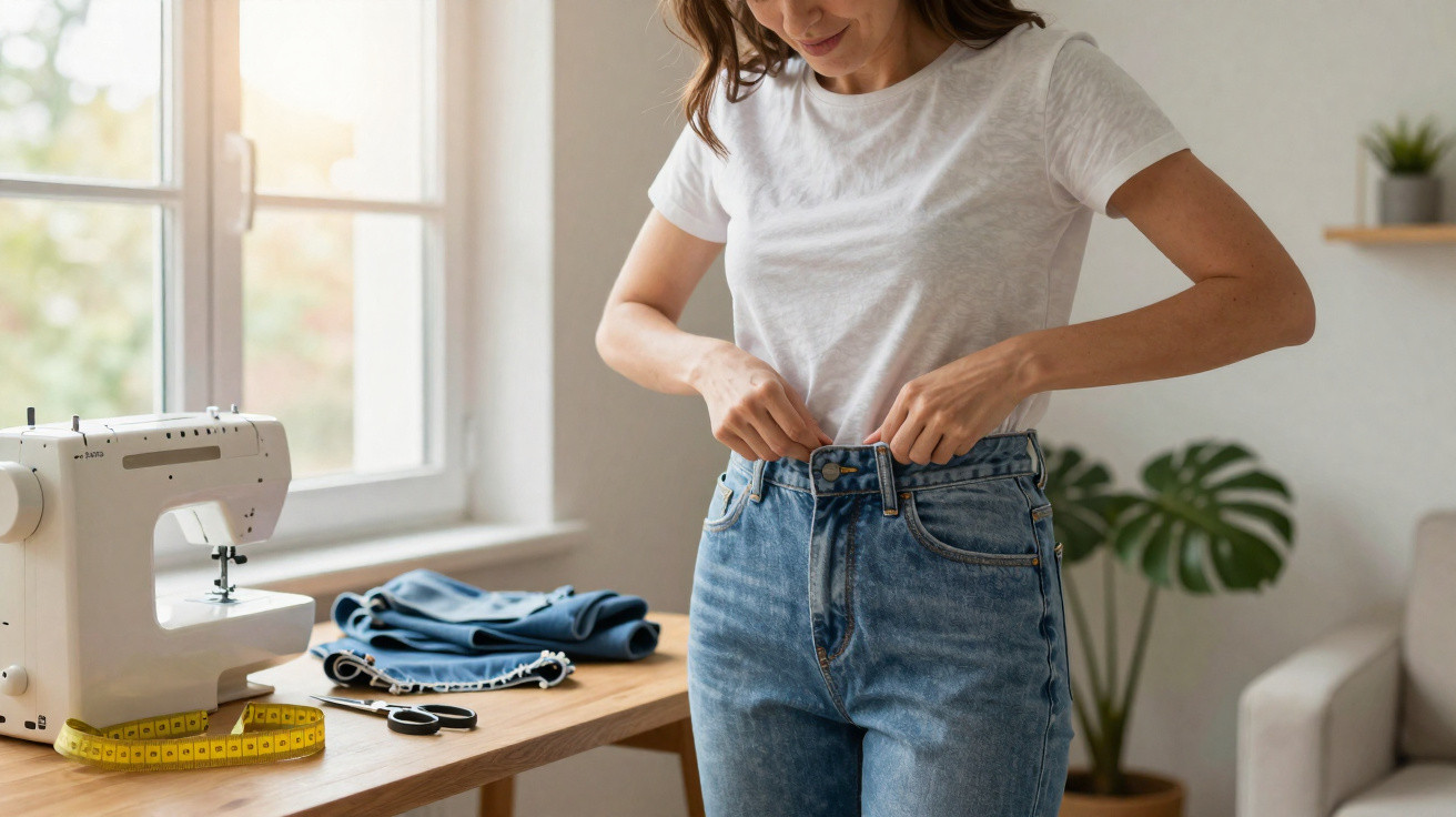 Mulher vestindo camiseta branca ajustando calça jeans em ambiente claro com máquina de costura e tecidos ao fundo.