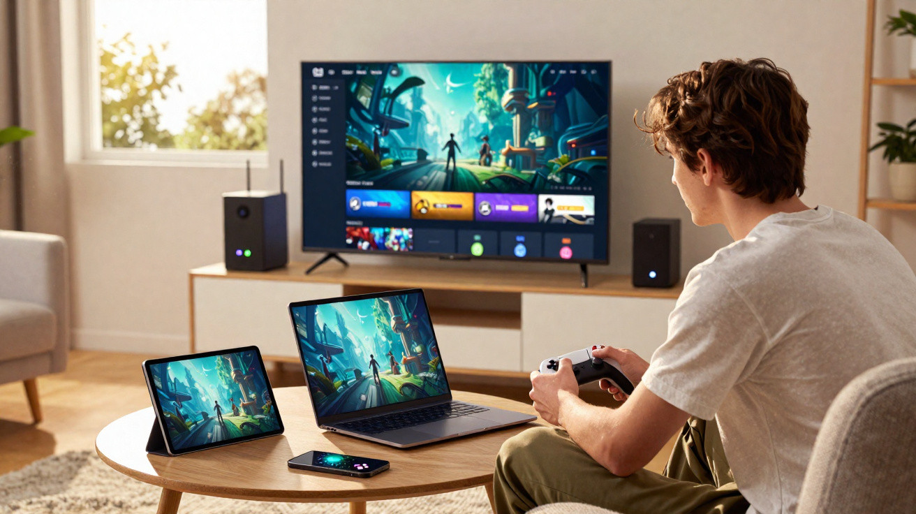 Jovem jogando videogame conectado a TV, notebook, tablet e smartphone em sala de estar iluminada.
