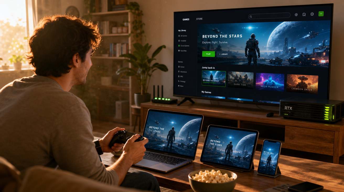 Homem sentado no sofá jogando videogame em TV, notebook, tablet e celular com bowl de pipoca na mesa.