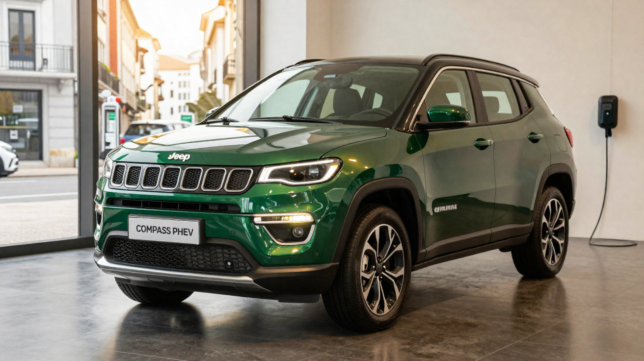 SUV Jeep Compass PHEV verde estacionado em ambiente interno com parede bege ao fundo.
