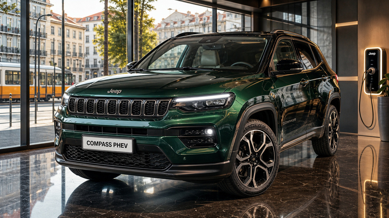 SUV Jeep Compass PHEV verde estacionado em showroom moderno com parede de vidro e estação de recarga elétrica.