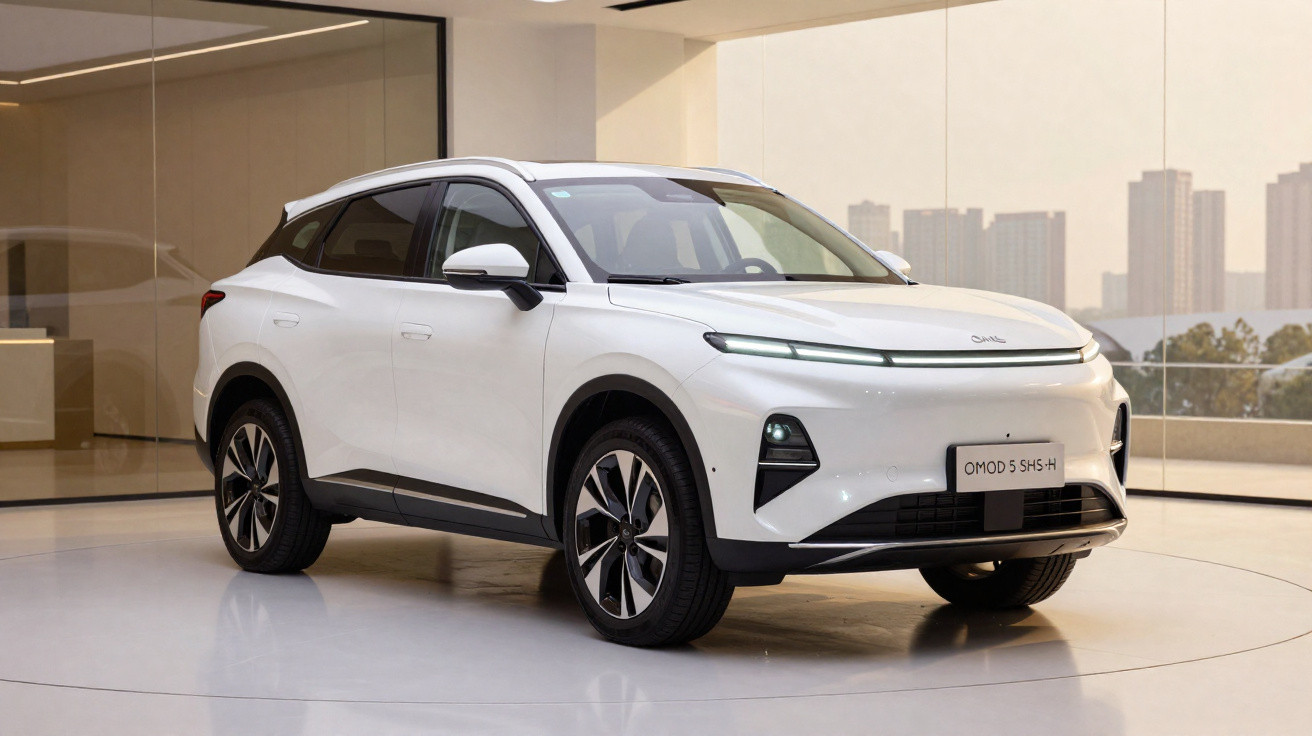 Carro SUV branco estacionado em ambiente interno moderno com janelas e vista de prédios altos ao fundo.