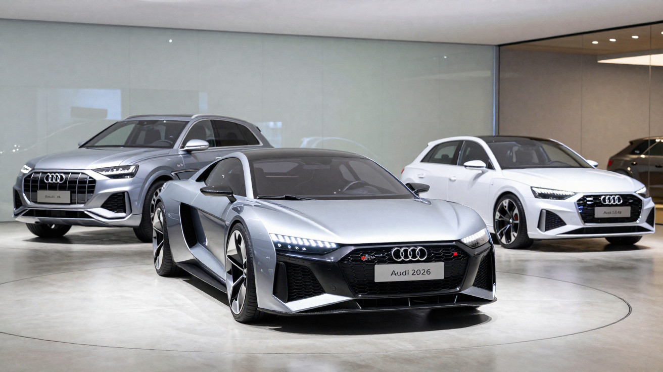 Três carros Audi 2026 em exposição, com foco no modelo esportivo prata no centro.