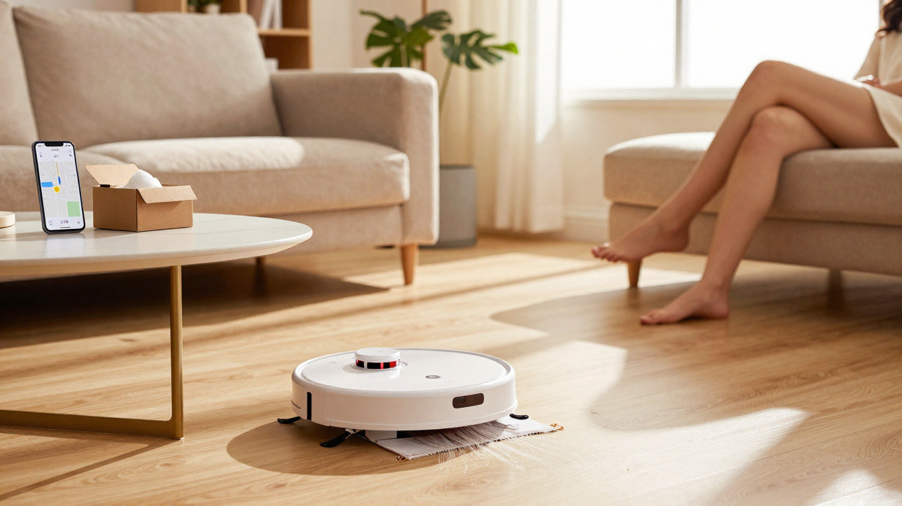 Robô aspirador em sala iluminada com sofá, mesa de centro, celular e pessoa sentada.