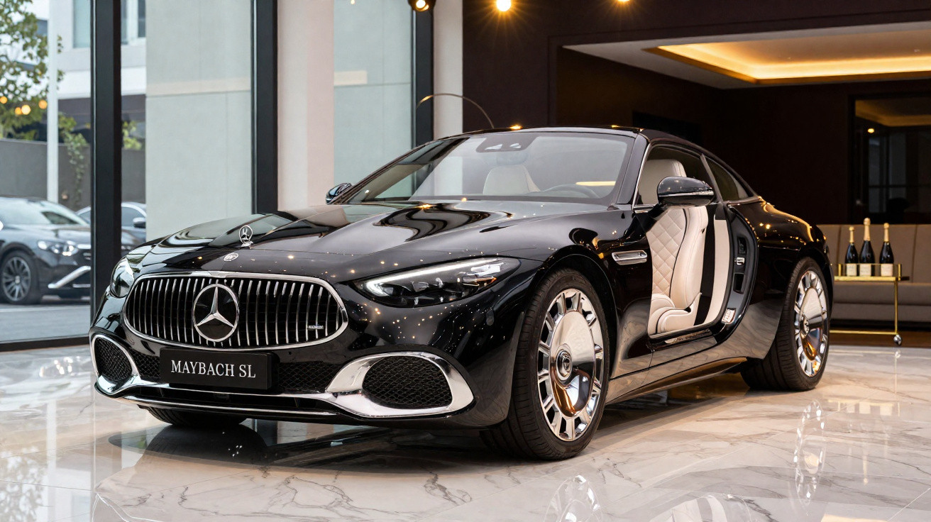 Mercedes-Maybach SL preto com porta aberta exibindo interior branco em showroom luxuoso.