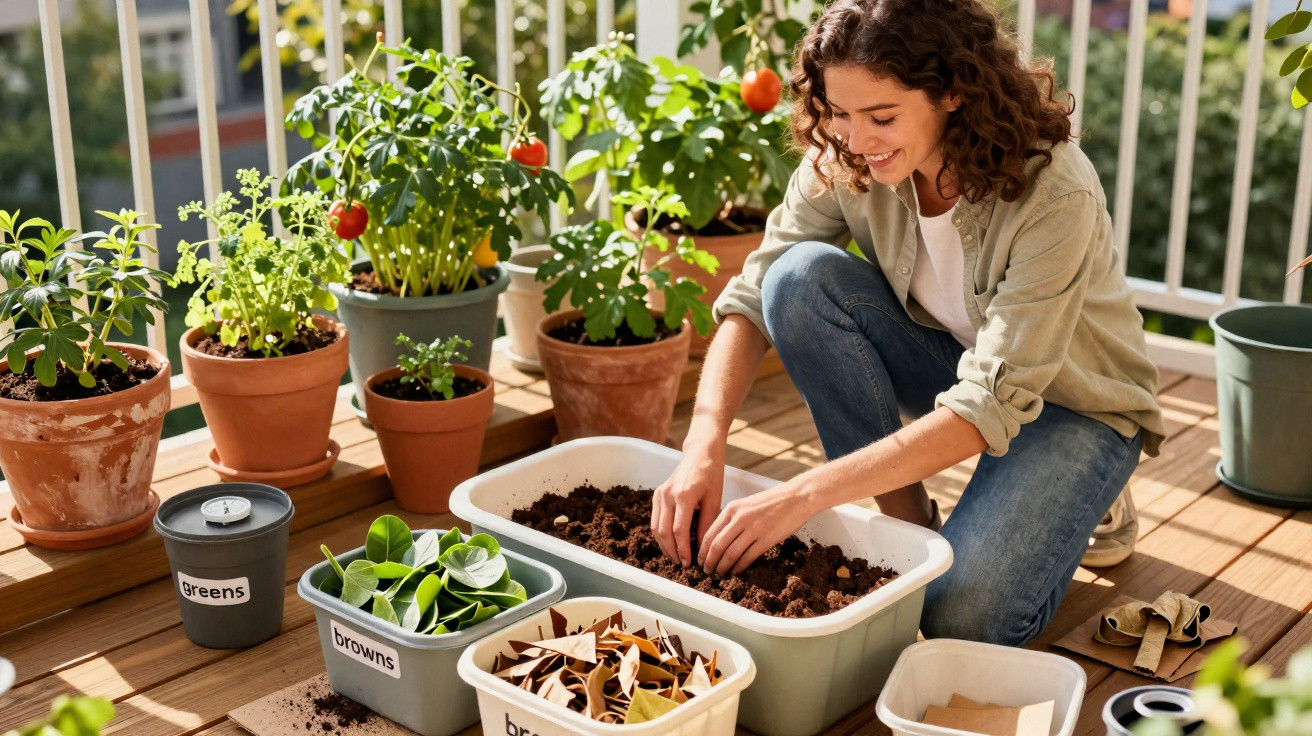 Mulher plantando sementes em varanda com vasos de plantas e tomates maduros ao fundo.