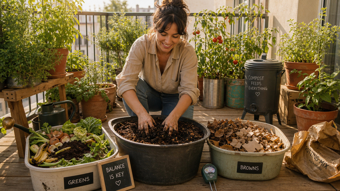Mulher preparando compostagem em varanda com recipientes de restos orgânicos e plantas ao redor.