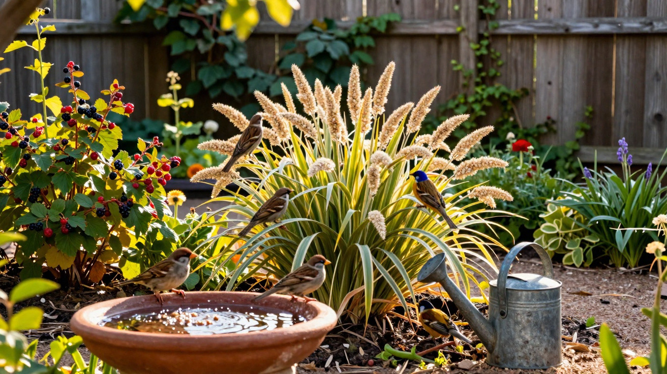 Pássaros em um jardim com fonte de água, regador metálico e plantas em um dia ensolarado.