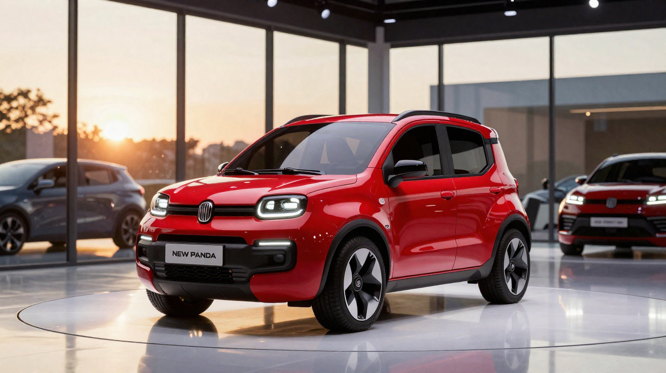 Carro vermelho Fiat New Panda exibido em showroom moderno com iluminação natural ao entardecer.