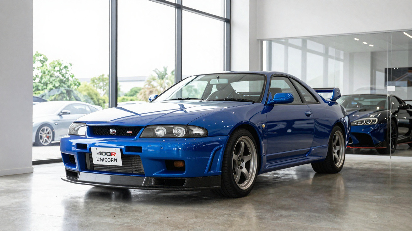 Carro esportivo azul Nissan Skyline R33 GT-R estacionado em showroom moderno e iluminado.