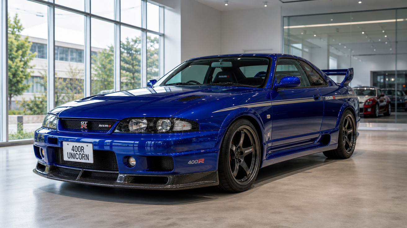 Carro esportivo Nissan GT-R nismo azul estacionado em showroom moderno, vista frontal lateral direita.