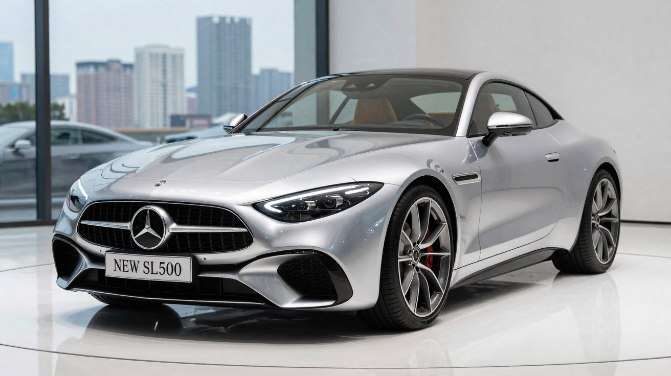 Carro esportivo Mercedes-Benz SL 500 prata exibido em showroom moderno com janela e vista urbana ao fundo.