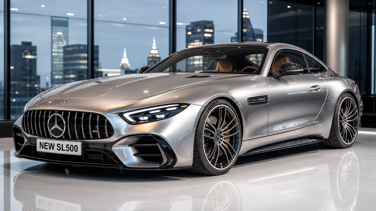 Mercedes-Benz prata modelo SL500 estacionado em showroom moderno com vista para arranha-céus à noite.
