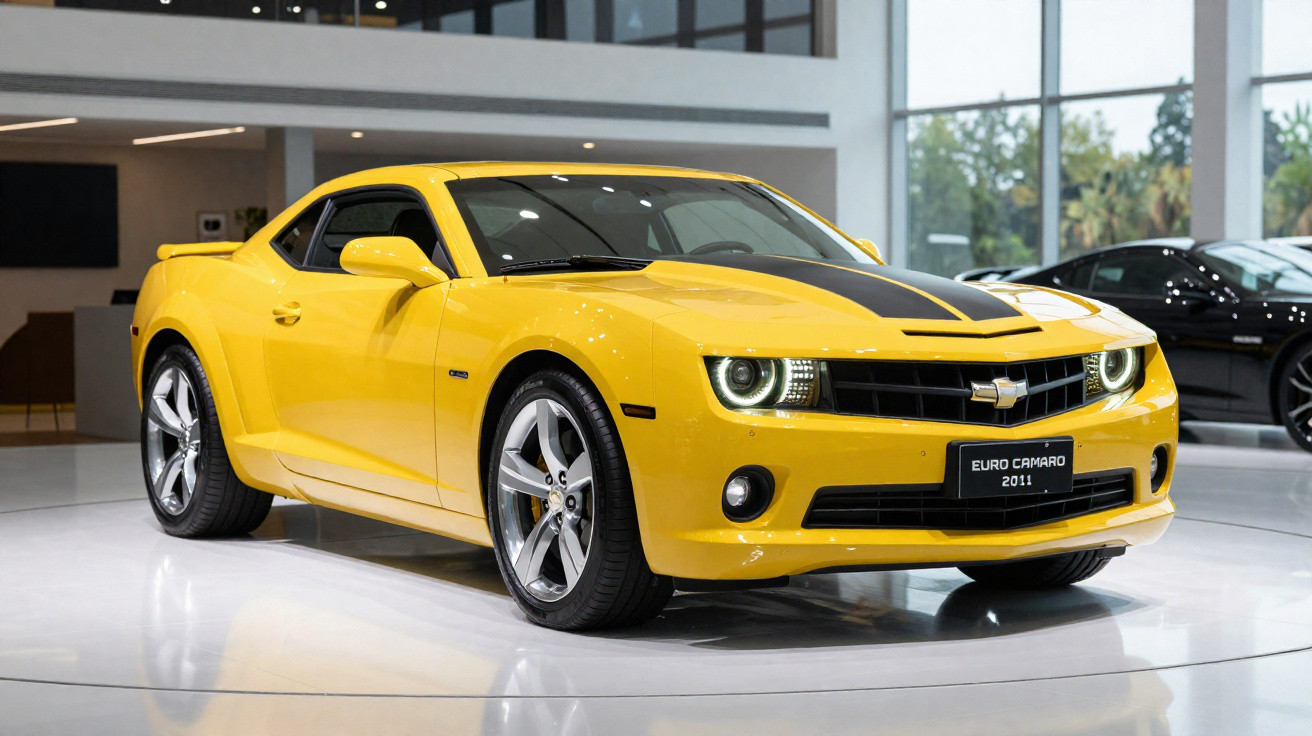 Carro esportivo amarelo Chevrolet Camaro 2011 exibido em showroom moderno.