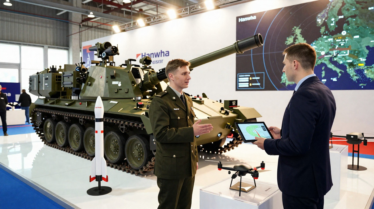 Dois homens conversam em exposição de veículo militar, drone e foguete modelo, com mapa digital ao fundo.