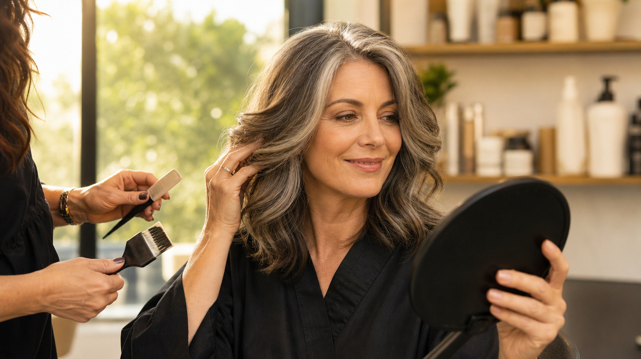 Mulher madura olhando no espelho enquanto profissional cuida do cabelo em salão iluminado.