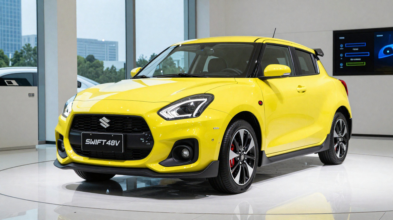 Carro Suzuki Swift 48V amarelo em exposição interna com fundo claro e janela de vidro.