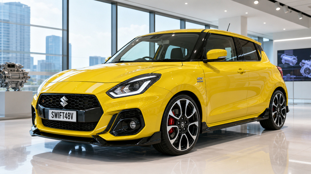 Carro Suzuki Swift amarelo 48V exposto em showroom com vidro e motor ao fundo.