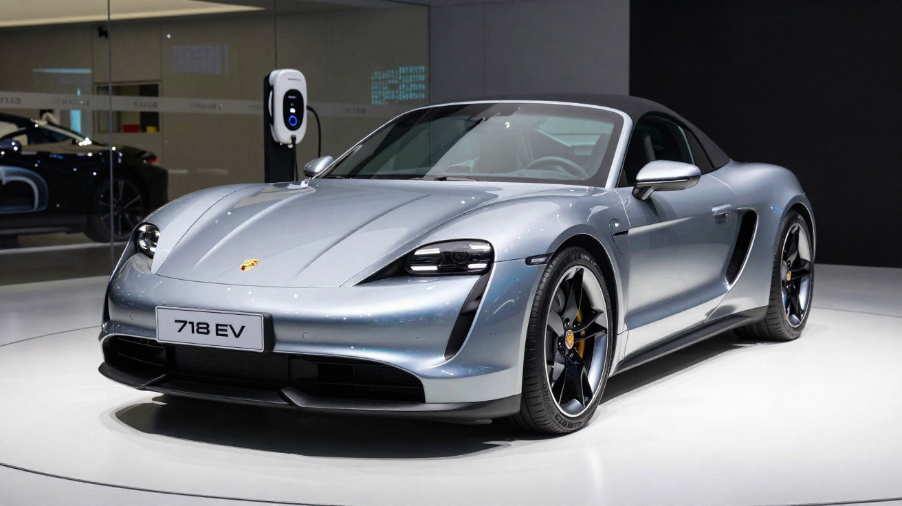 Carro esportivo conversível prata Porsche 718 EV estacionado em exposição com carregador elétrico ao fundo.