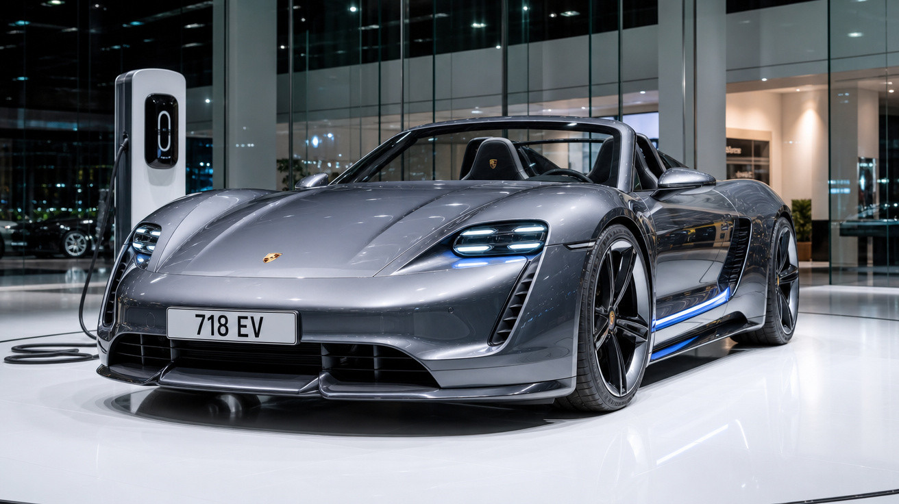 Carro esportivo elétrico Porsche 718 EV prata estacionado em showroom moderno com estação de recarga.