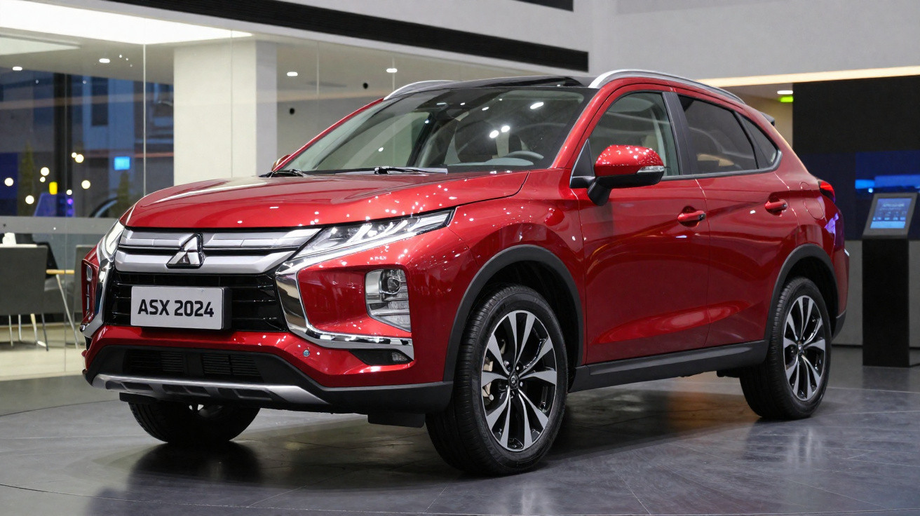 Carro SUV Mitsubishi ASX 2024 vermelho exibido em showroom moderno.