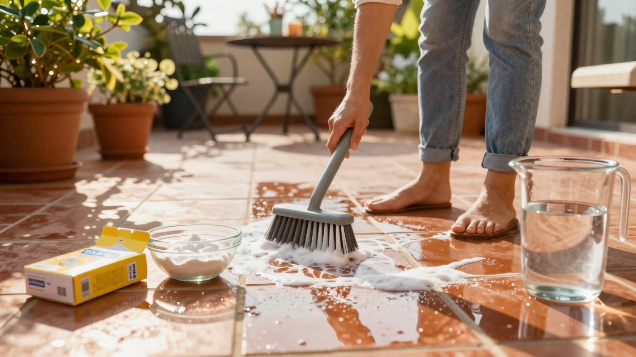 Pessoa limpando piso molhado com escova, bicarbonato de sódio e água em ambiente com plantas.