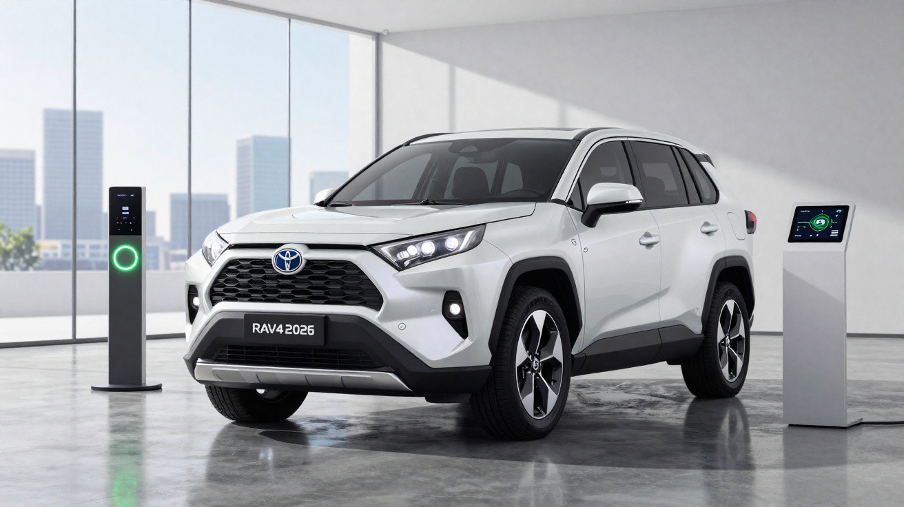 Carro elétrico branco Toyota RAV4 2026 estacionado em garagem moderna com estação de recarga.