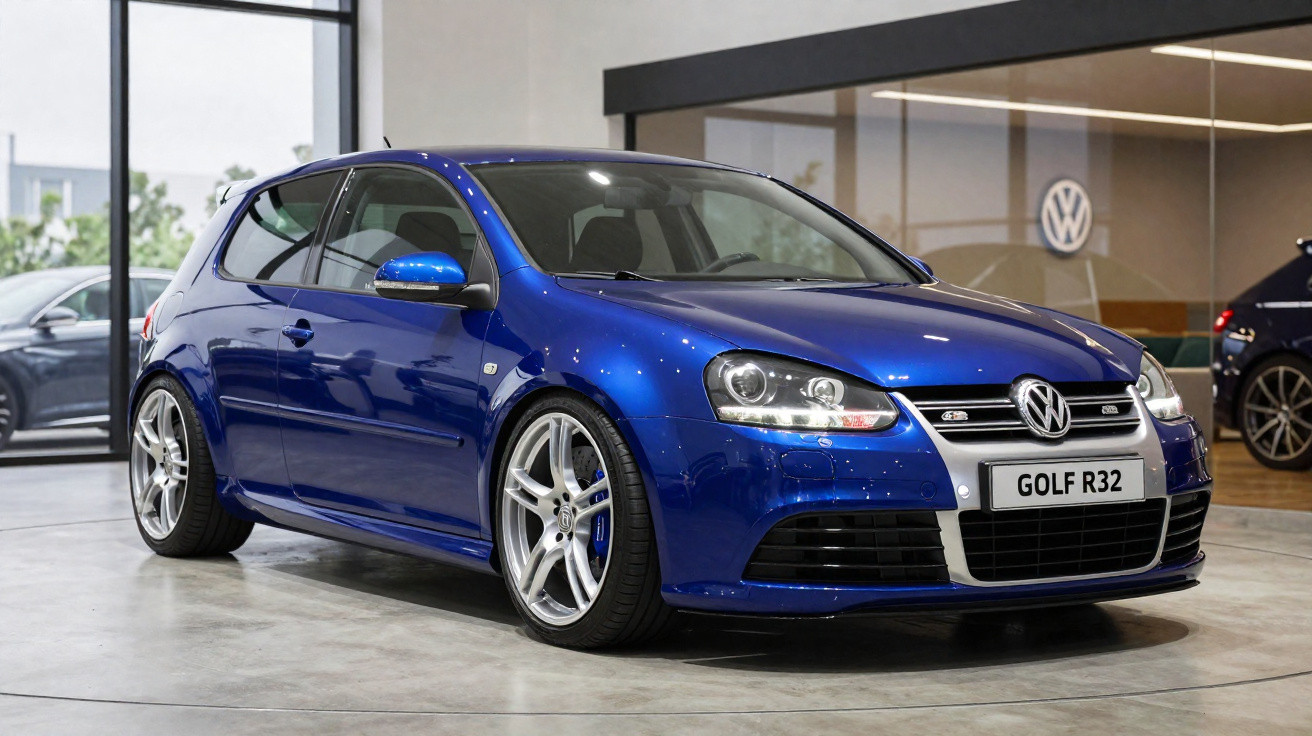 Carro Volkswagen Golf R32 azul em exposição dentro de showroom moderno.
