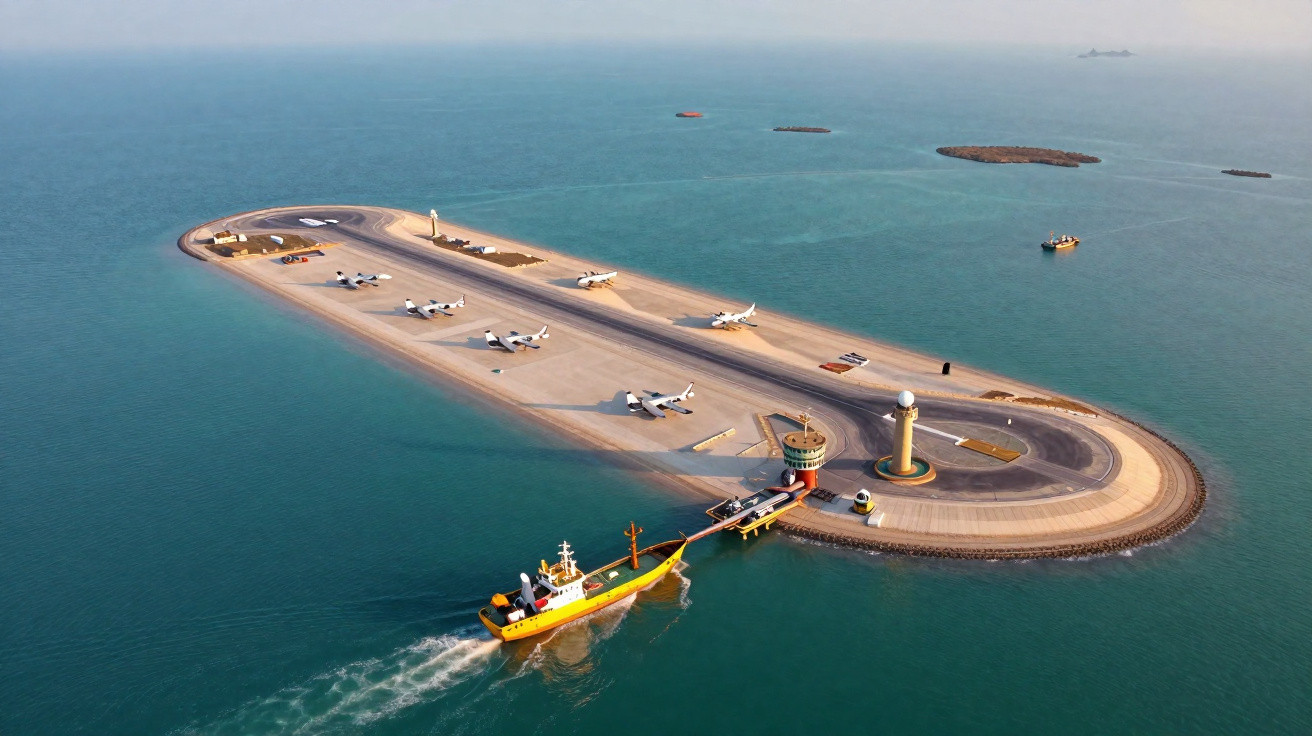 Ilha artificial com pista de pouso de hidroaviões e barco navegando em mar calmo.