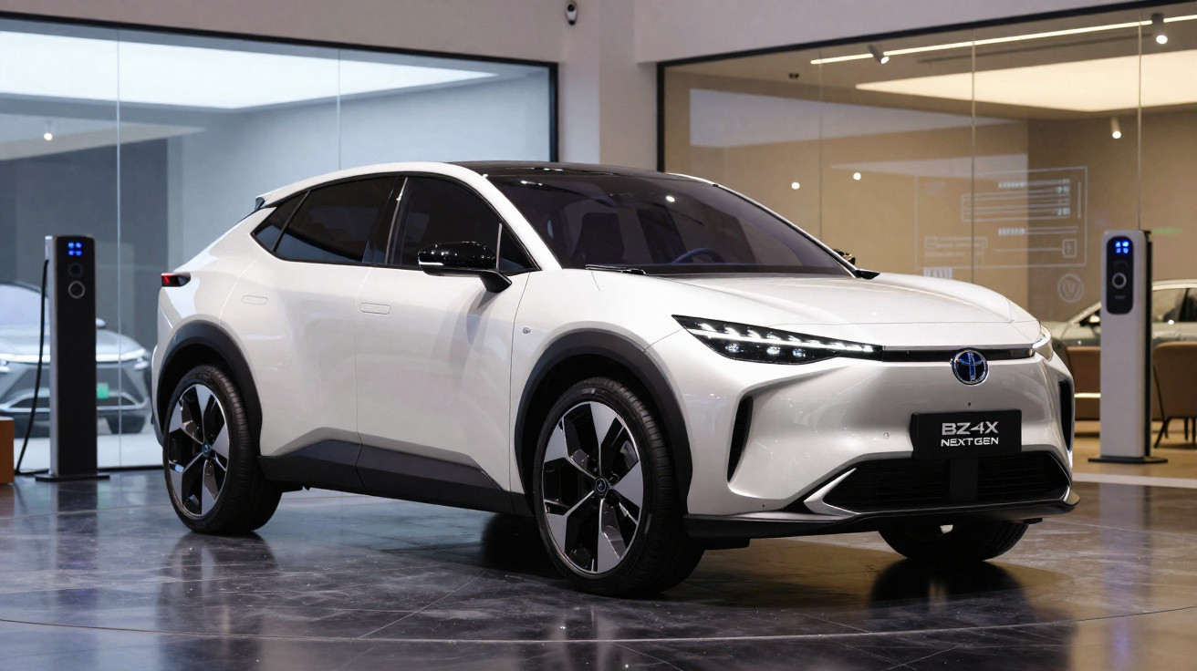 Carro elétrico branco Toyota BZ4X estacionado em showroom moderno com estações de carregamento.