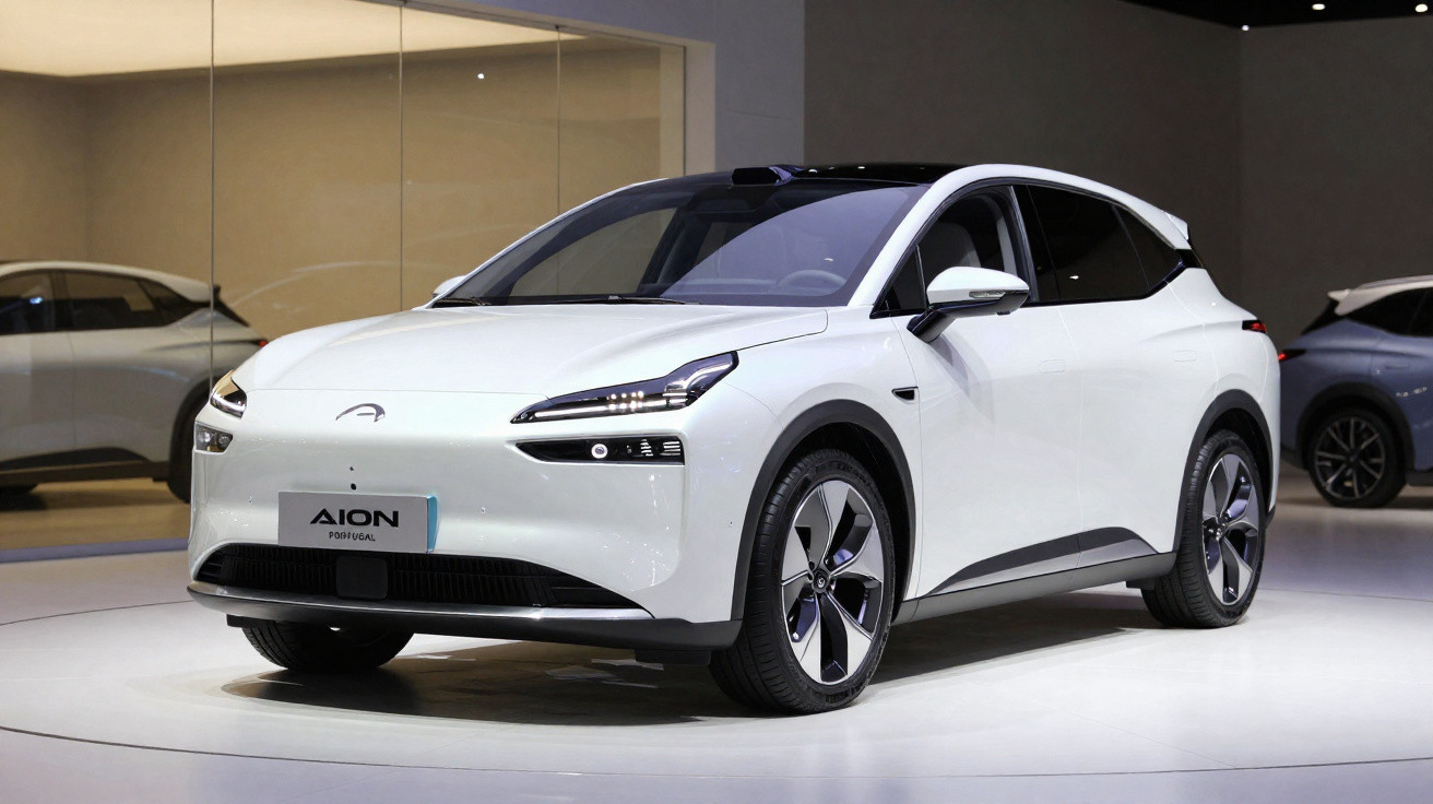 Carro elétrico branco Aion número 1 parado em exposição com parede espelhada ao fundo.