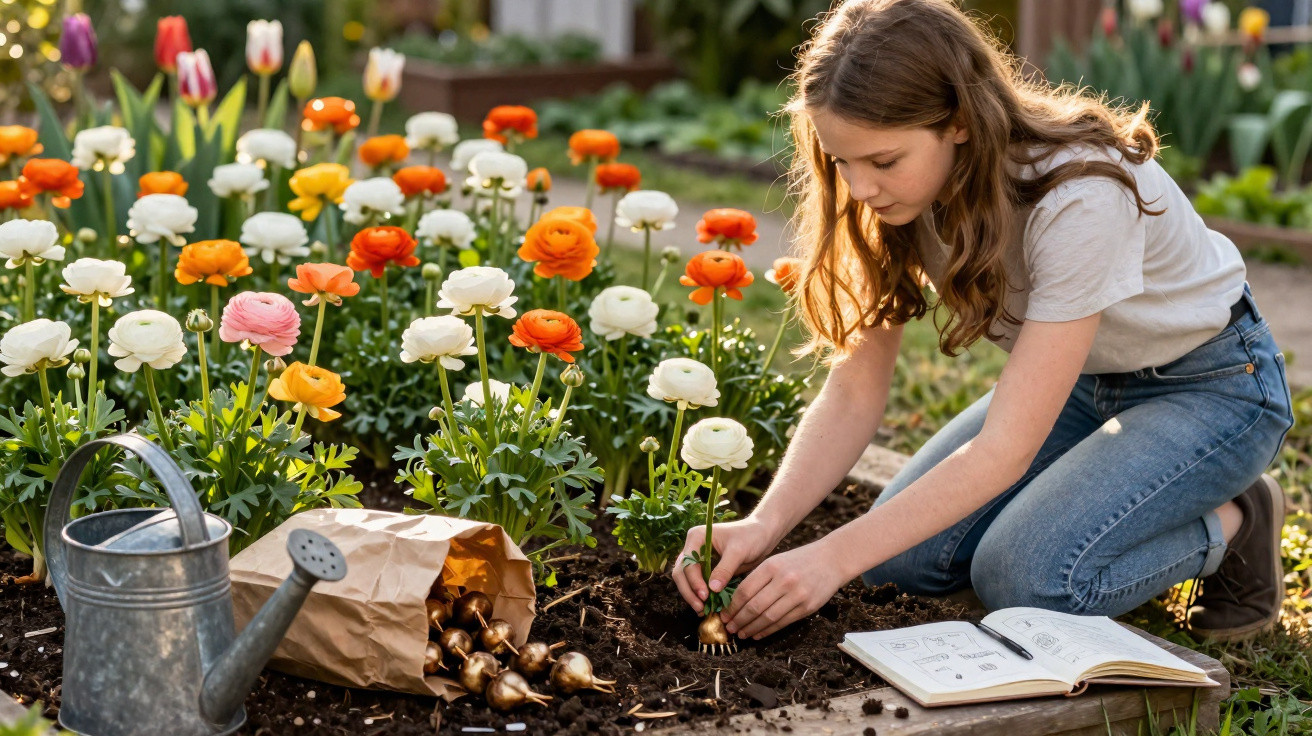 Menina plantando bulbos em canteiro com flores coloridas, regador e livro aberto ao lado.