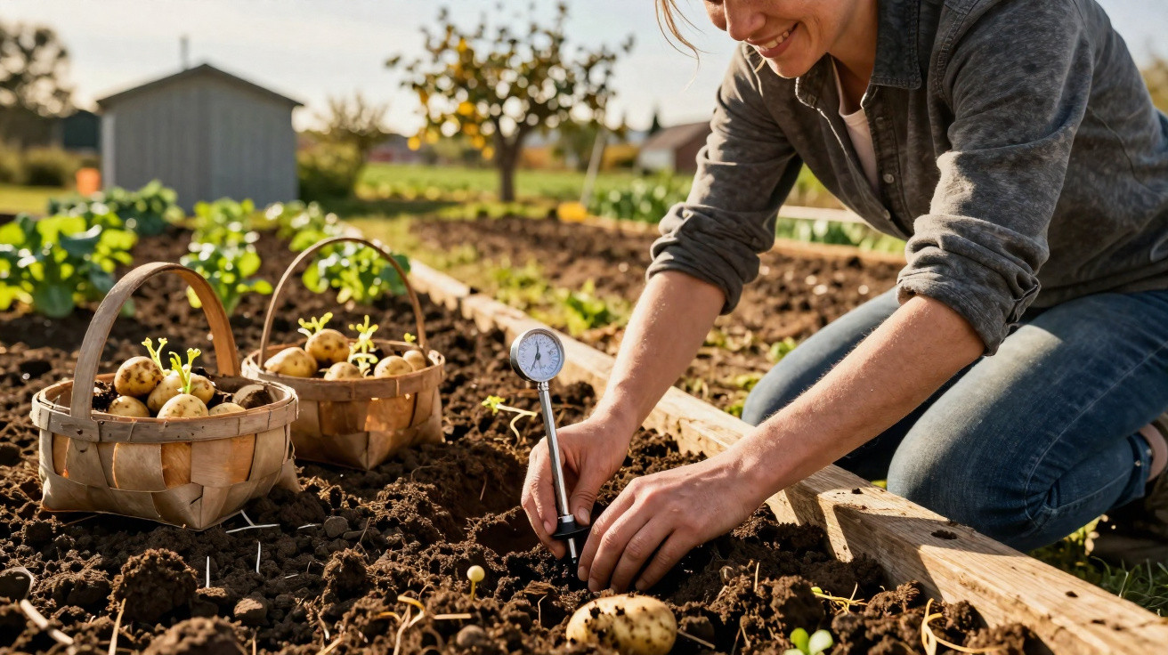 Pessoa medindo umidade do solo em canteiro com batatas plantadas e cestos com batatas ao lado.
