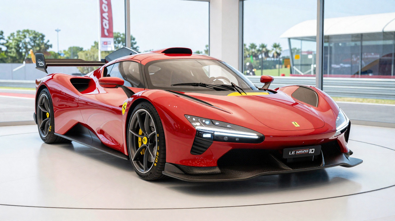 Carro esportivo vermelho Ferrari Le Mans F1 exibido em vitrine com fundo claro e janelas grandes.
