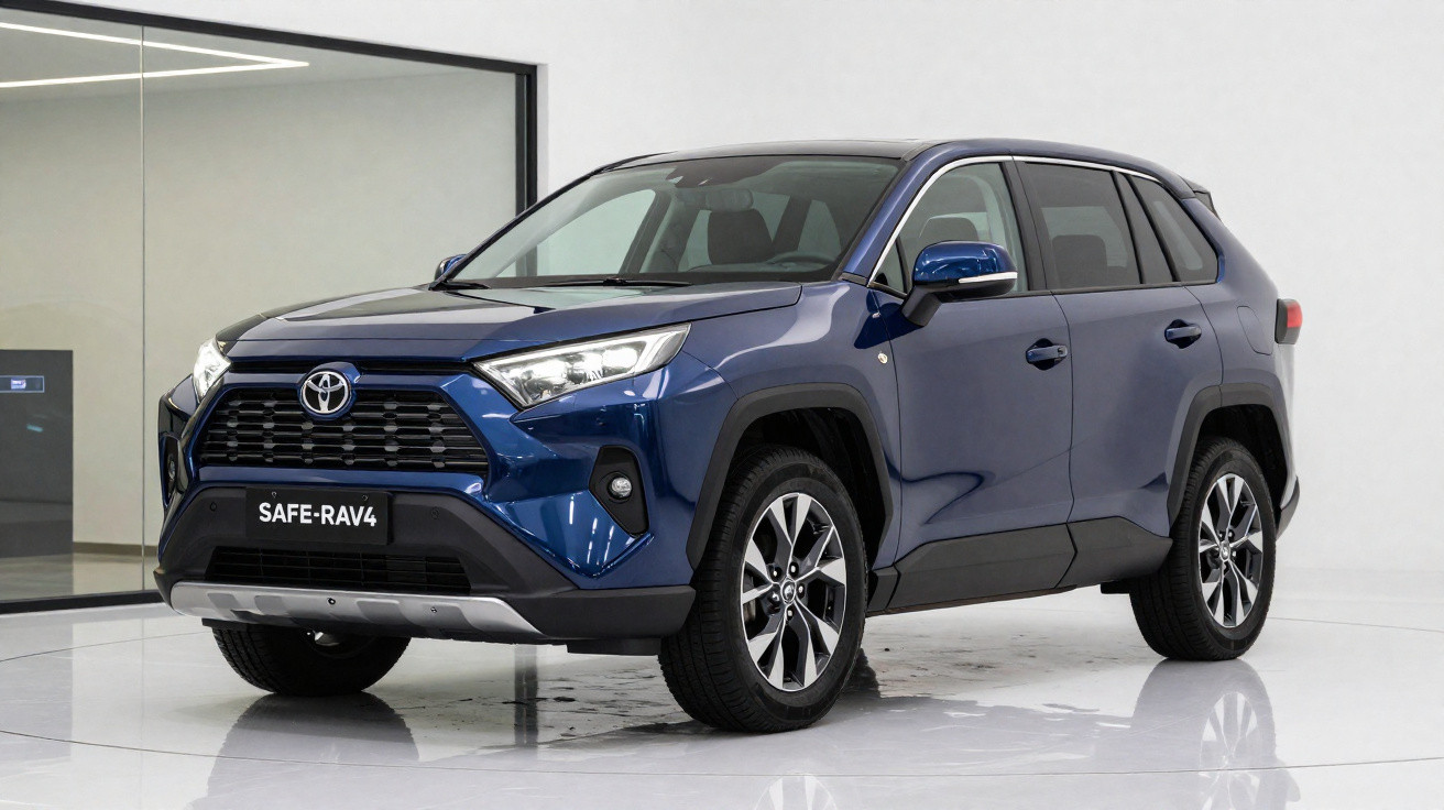 Carro SUV Toyota RAV4 azul em ambiente fechado com chão branco e parede cinza clara.