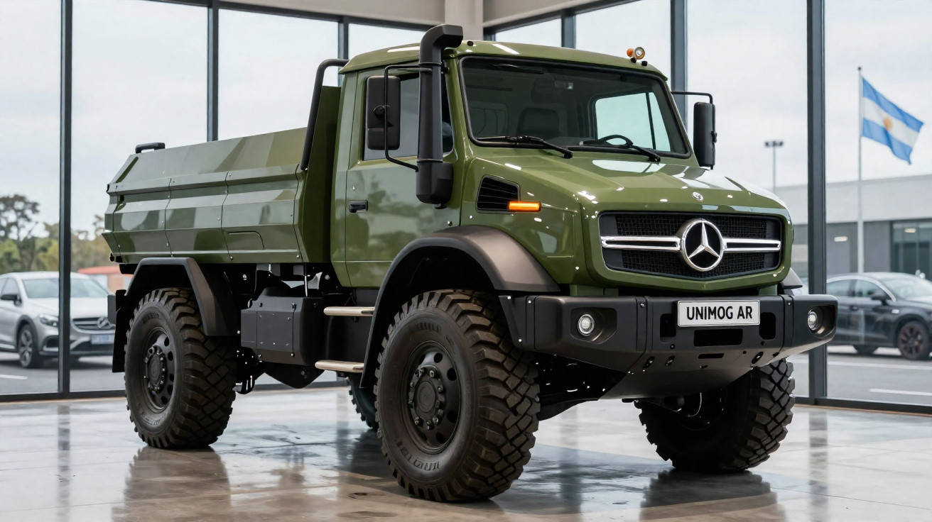 Caminhão Mercedes-Benz Unimog verde militar estacionado em showroom com paredes de vidro.