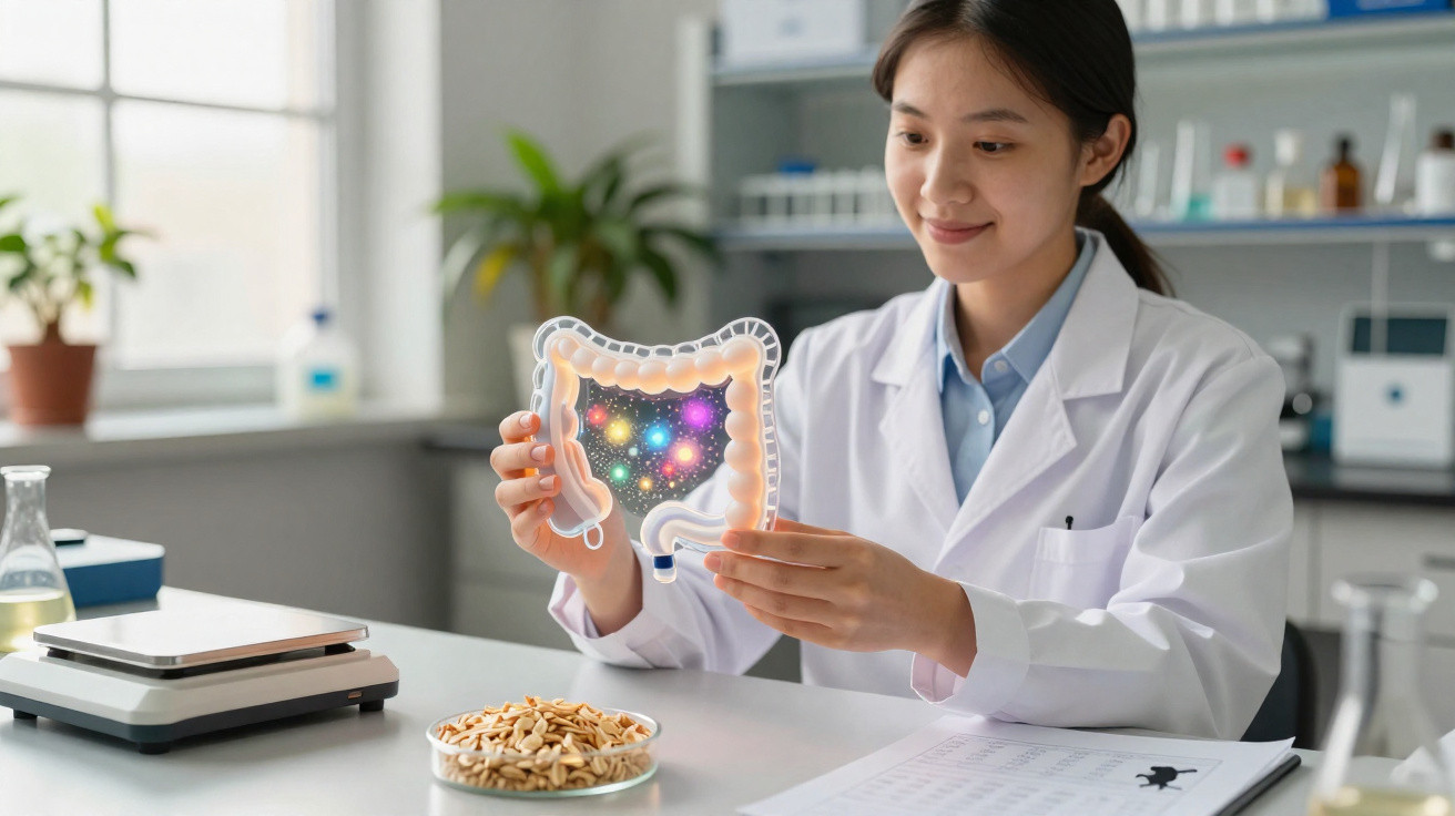 Pesquisadora em laboratório segurando modelo do intestino com representação colorida da microbiota.