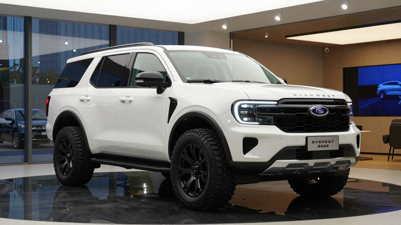 SUV branco Ford Everest 2026 em exposição em ambiente interno moderno.