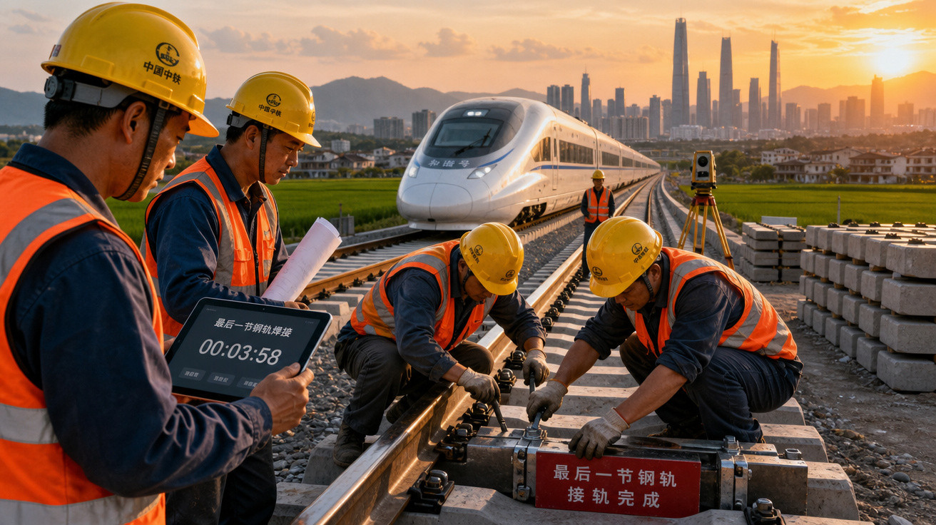 Trabalhadores com coletes e capacetes amarelos ajustam trilhos de trem com comboio e cidade ao fundo ao pôr do sol.