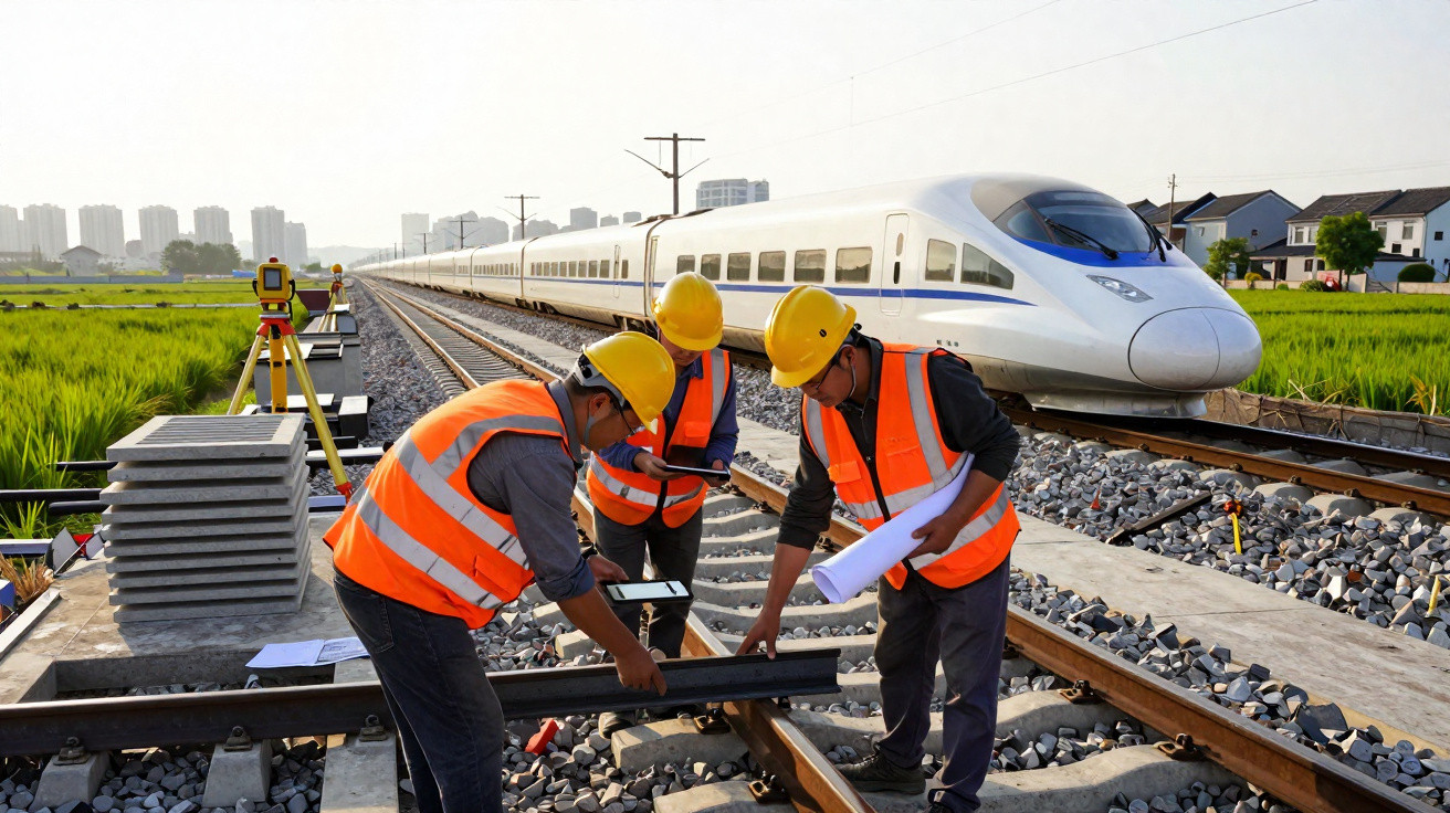Três trabalhadores com coletes e capacetes amarelos ajustam trilhos de trem próximo a trem bala branco.