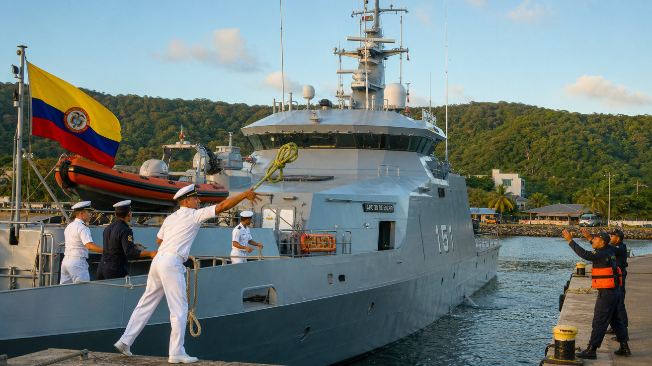 Oficiais da marinha colombiana trabalham no convés de navio militar atracado em porto com bandeira colombiana hasteada.