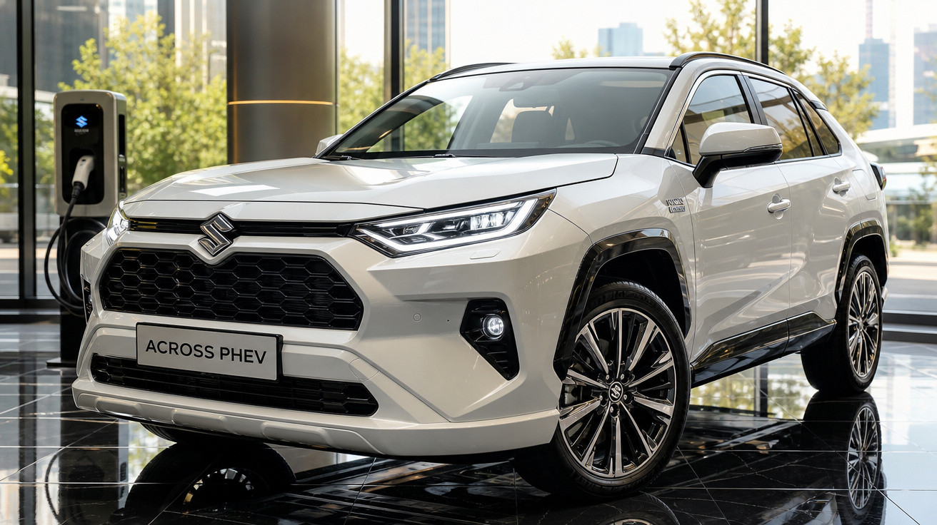 SUV branco Suzuki Across PHEV estacionado em showroom com estação de recarga elétrica ao lado.