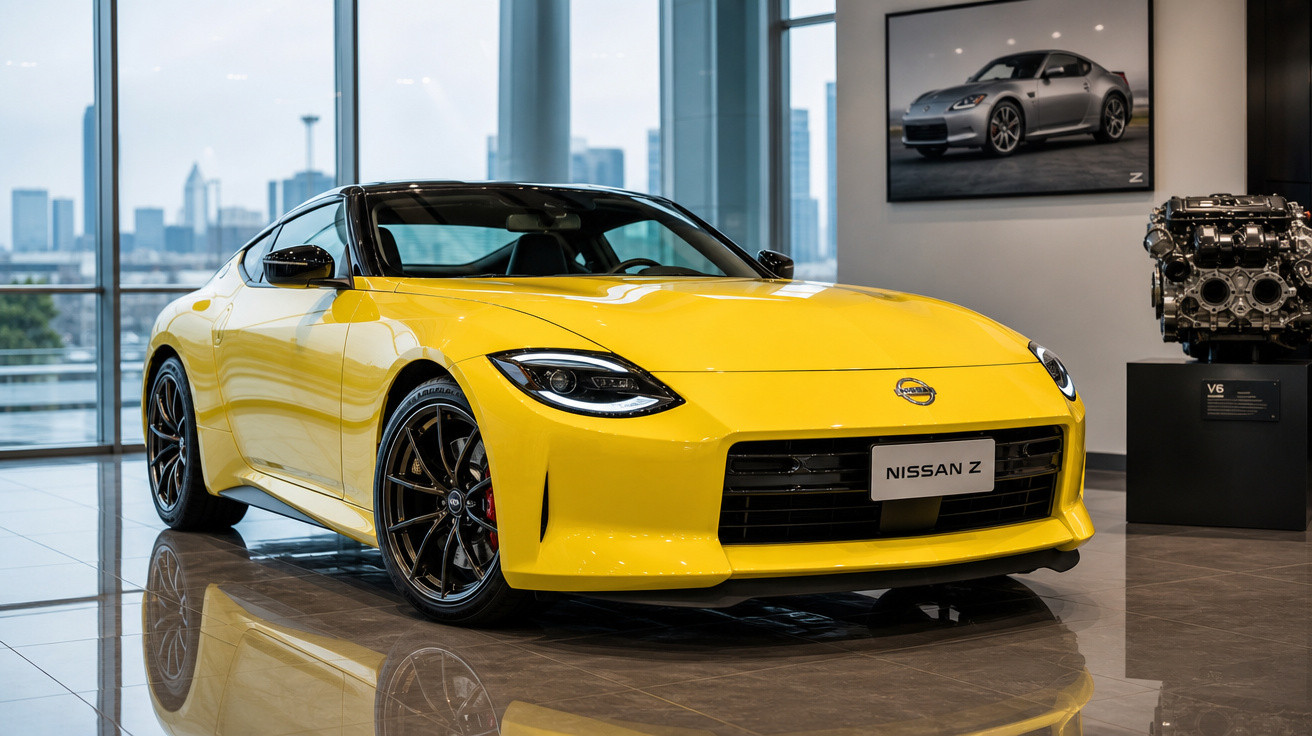 Carro esportivo amarelo Nissan Z exposto em showroom com motor e quadro na parede ao fundo.