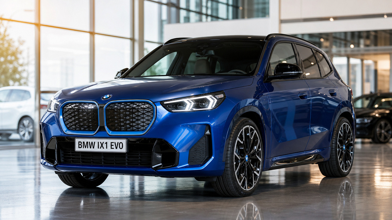 Carro SUV BMW IX1 EVO azul exposto em showroom moderno com piso refletivo e grandes janelas.