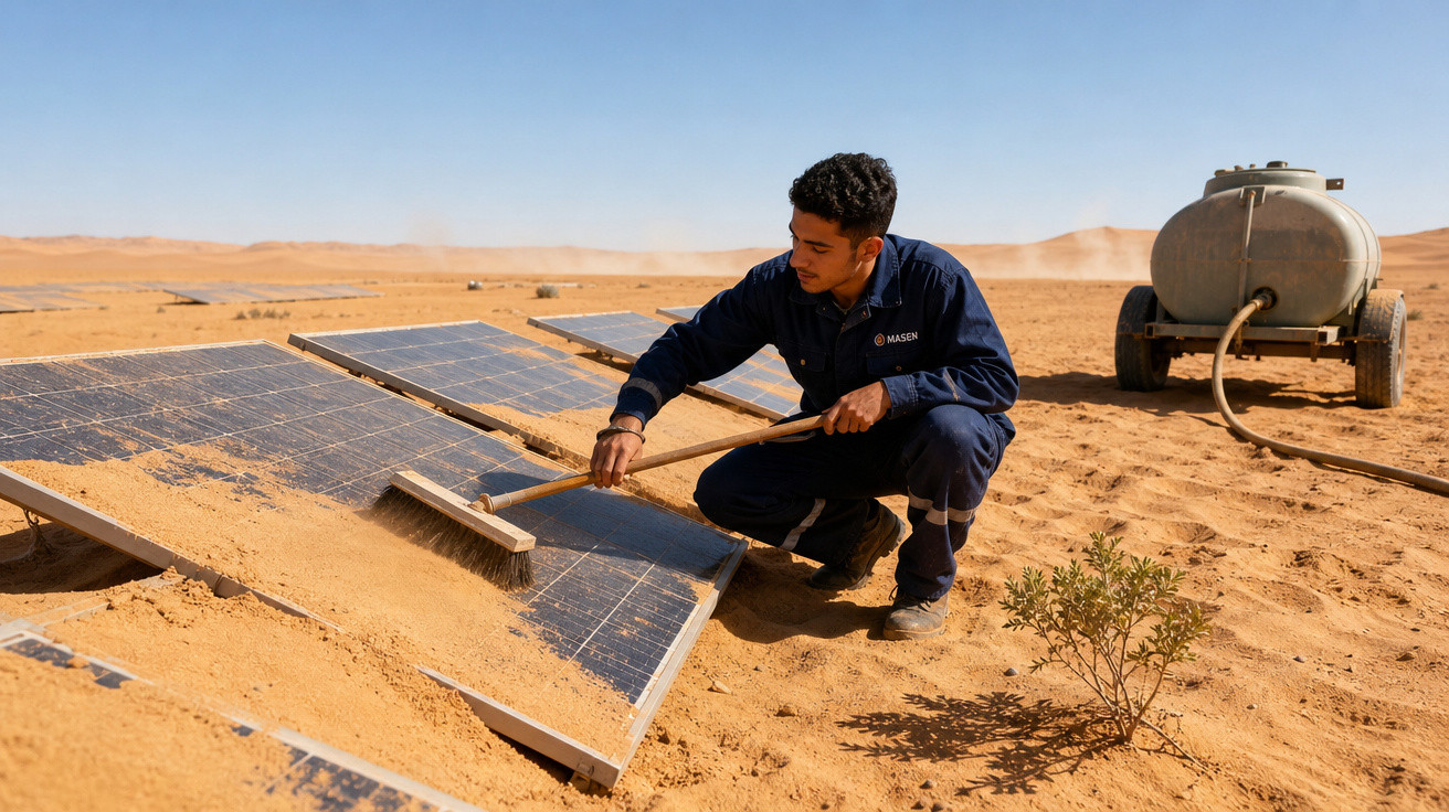 Homem limpando painéis solares cobertos de areia no deserto com vassoura, ao lado de tanque de água.