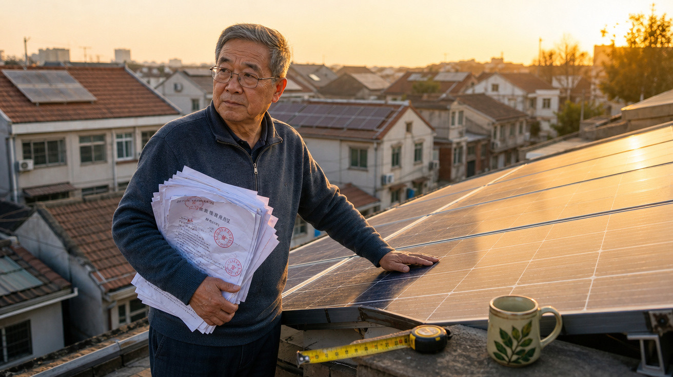 Homem segurando documentos ao lado de painel solar em telhado ao pôr do sol em área residencial.