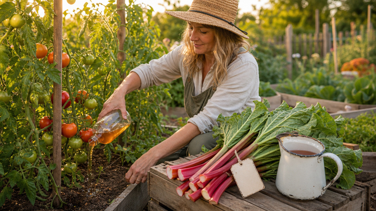 Mulher regando plantas de tomate em horta com ramo de ruibarbo ao lado ao entardecer.
